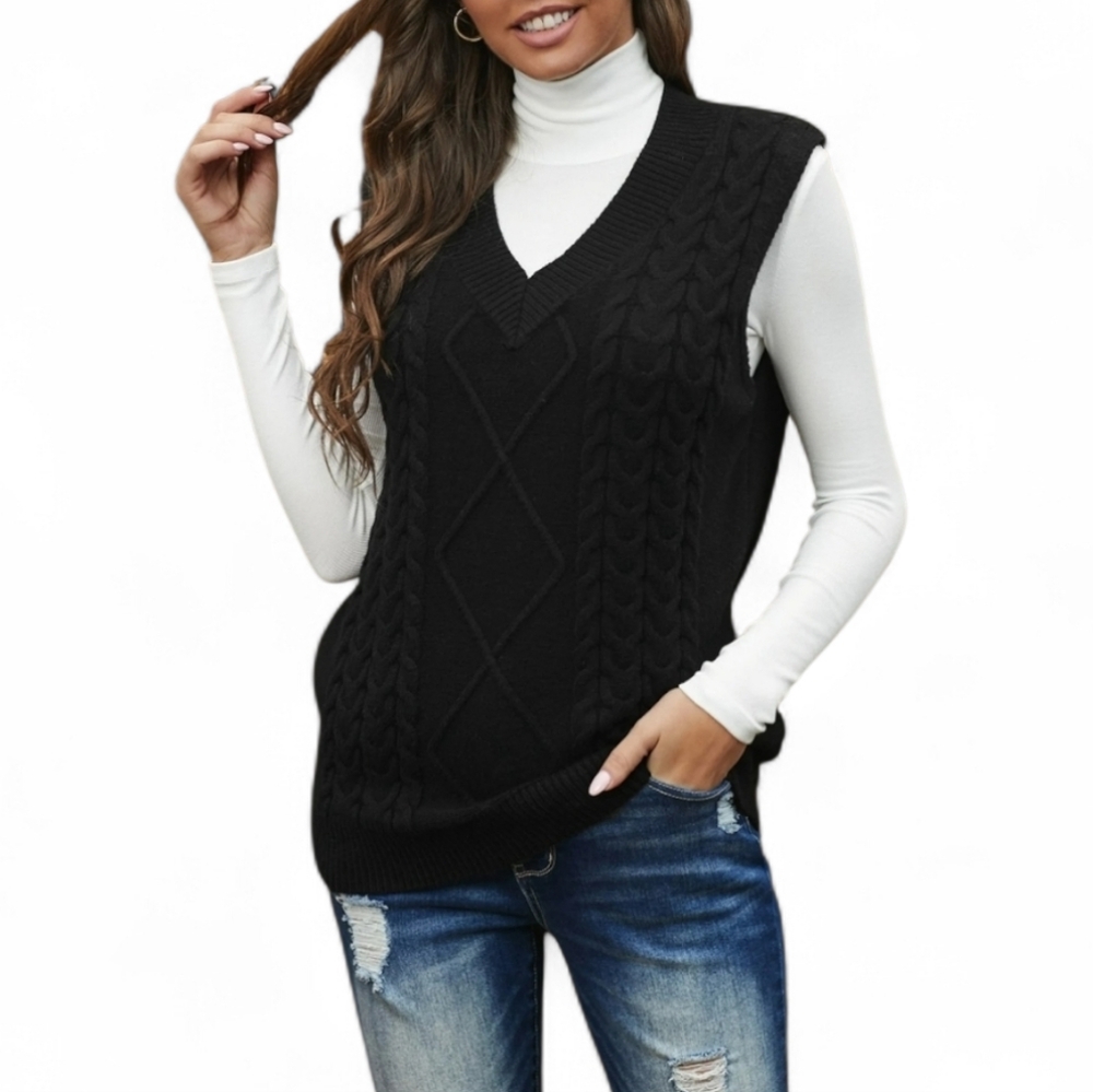 Longline Cable Knit Sweater Vest, Size Large